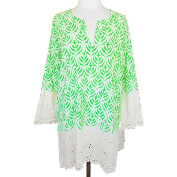 Roberta Roller Rabbit Green Ivory Eyelet Tunic Size XL Boho Beach Coverup - Picture 1 of 8